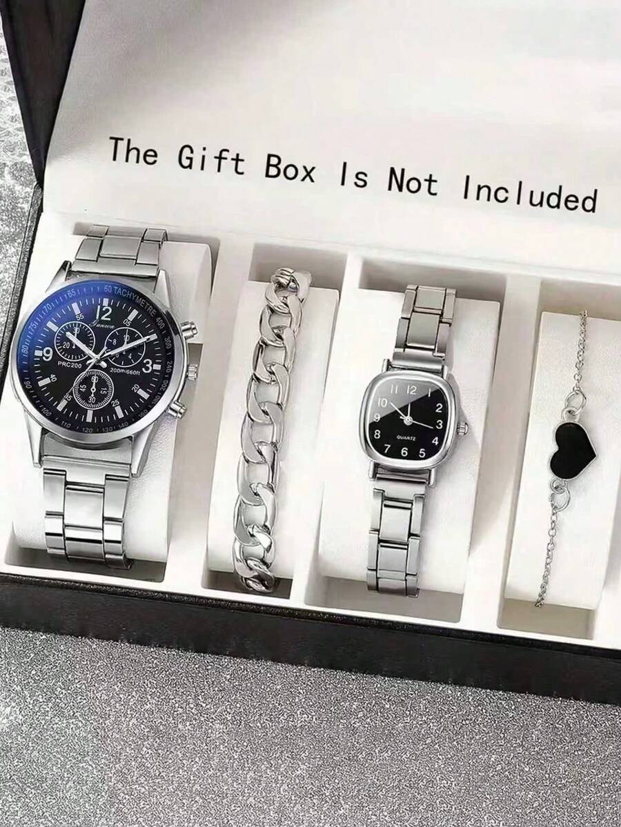 4 件时尚休闲圆形中性情侣手表配钢带石英表 + 简约手链组合套装，情侣礼品套装 - 銀色 - 查看 1