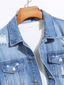男士牛仔外套破洞韩版帅气青年翻领水洗复古牛仔夹克 - 藍色 - 查看 4