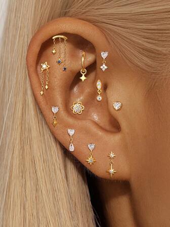 EleRunis 1 pieza Pendiente de cartílago de plata de ley 925 con diseño de gota de agua, flor y estrella para uso diario, boda, fiesta, compromiso, aniversario y Día de San Valentín