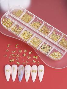 1 Box funkelnde goldene Stern Schleifen, Cut Out herzförmige Nieten Nail Art Accessoires, 3D Schneeflocke Stern Blume Mond Legierung Metall Nagel Zubehör, Maniküre Dekorationen, Nail Art Schmuck, Edelsteine