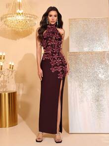 新款时尚3D立体花卉性感立领无袖镂空露背高开衩绷带长裙，优雅女士正式晚礼服、婚礼宾客、节日派对之选 - 咖啡棕 - 查看 2