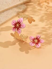 2pcs/Set Fashionable & Elegant Oil Drop Flower Adjustable Bangle & Ring Set, Sweet & Fresh Jewelry Accessories Suitable For Daily Wear, Dates, Vacations, Parties, Also Makes A Great Gift