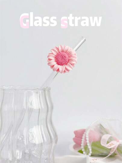 1pc Sunflower Shaped Reusable Glass Straw, Transparent Smoothie, Bubble Tea, Juice, Milk, Cocktail Straw For Cold Drinks, Party