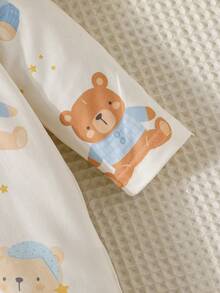 2件套新生儿可爱小熊印花长袖连体衣带帽子，婴儿连体衣套装组合 - 彩色 - 查看 6