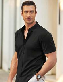 Men's Short Sleeve Casual Button Down Shark Shirts Wrinkle Free Untucked Shirt Summer Stretch Dress Shirtshalloween - 白色 - 查看 5