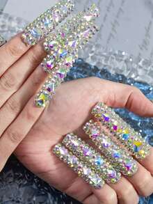 10pcs Handmade Press On Gift Box Included Luxury Silver AB Aurora Rhinestone Long Square Coffin Nails Full Bling Crystal Heavy Reusable Party Wedding False Nails Nailrosy - Bạc - Xem 11
