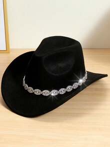 1 pieza Sombrero de vaquero negro de poliéster con adornos de strass para fans de la moda occidental