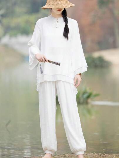 LUCIDVUE 2 Stück Damen Weiß Verbessertes Hanfu Set, Chinesischer Stil asymmetrisches Design Tang Anzug, Retro Knopf Weite Ärmel Leinen Top und lässige Laterne Hose, geeignet für Frühling/Sommer Zen Tee Zeremonie, Yoga, Tai Chi