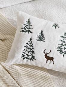 1 pieza Funda de almohada decorativa bordada con reno y árbol de Navidad, adecuada para decoración interior, funda de almohada navideña, sin incluir el relleno de la almohada