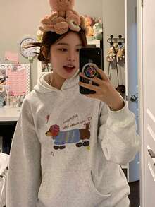 腊肠犬印花女式卫衣，休闲宽松独特慵懒风，适合学生和通勤穿着，秋冬款 - 花灰色 - 查看 3