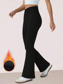 RUNONWHEELS 5 女士无缝喇叭瑜伽裤，高腰阔腿设计，具有收腹提臀功能，冬季保暖内衬 - 黑色 - 查看 7