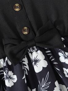 年轻女孩休闲针织条纹仿开衫纽扣装饰长袖圆领花卉印花 A 字连衣裙，适合日常、居家、户外、运动、春秋季 - 黑色 - 查看 6