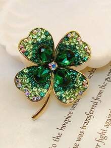 "Exquisite Four-Leaf Clover Brooch For Women, High-End Sparkling Green Suit Pin, Elegant Lucky Clover Pin Accessory For Formal & Casual Outfits" - màu xanh lá - Xem 7