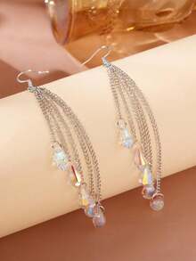 1pair Women's Ab Color Waterdrop Shaped Waterproof Crystal Tassel Hook Earrings - Silver - View 2