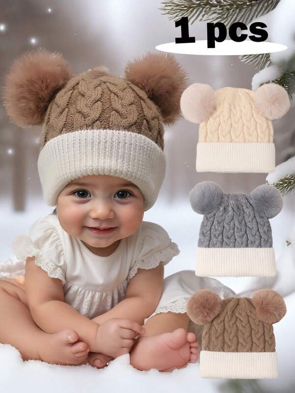 1pc Baby Pom-Pom Beanie Hat Y2k Style Infant Newborn Toddler Cozy Knit Winter Warm Heart Cute Hat For Kids, Outdoor Accessory,Winter Baby Hat