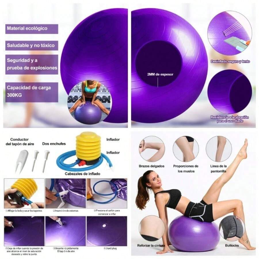 Pelota Fitness De Ejercicio para Yoga Pilates con Bomba para Pilates Yoga DEmbarazo Eporte Ejercicios Abdominales Y Ejercicios Bsicos Fitness Equilibrio Gym - Violeta + 65cm - Ver 1