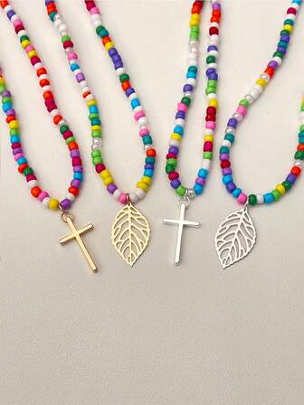 1 pieza Collar con colgante de cuentas minimalista para mujer, collar con colgante de cuentas colorido, cruz, hoja, joyería minimalista para mujer, accesorio de decoración para uso diario