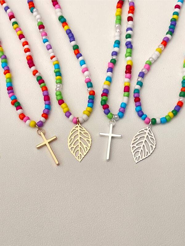 1pc Minimalist Beaded Pendant Necklace For Women, Colorful Beaded Pendant Necklace, Cross, Leaf Minimalist Women Jewelry, Daily Wear Decoration Accessory