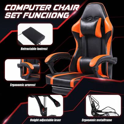Heavy-Duty Gaming Chair With Footrest – 400LB Capacity Ergonomic Computer Chair, Adjustable Lumbar Support & 360 °   Swivel, Orange