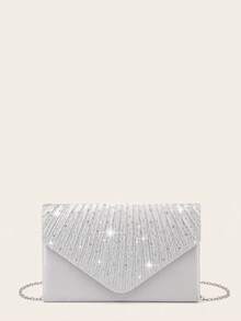 4pcs Set: Women's Rhinestone Evening Clutch, Rhinestone Clip-On Earrings, Bridal Wedding Necklace & Bracelet, Shiny Sequin Tassel Clutch, Envelope Style Evening Bag, Women's Shiny Rhinestone Shoulder Bag With Detachable Chain, Suitable For Weddings And Parties - Silver - View 6