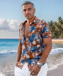 Men's Hawaiian Floral Shirt Short Sleeve Casual Button Down Shirt Summer Holiday Beach Shirt For Menhalloween - 棕藍色離開 - 查看 7