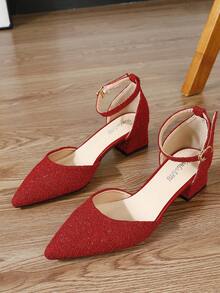 2025 Nuovi tacchi alti rossi in pizzo alla moda per donne, eleganti pumps con cinturino alla caviglia e tacco medio, scarpe Mary Jane con punta chiusa - Rosso - Visualizzare 5