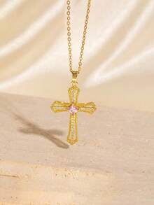 1pc Fashionable European & American Style Cross Pendant Necklace, Stainless Steel Chain Delicate Choker Necklace, Gold Chain, Cute Pink Zirconia Inlaid, Personalized Creative Everyday Wear, Holiday Party Gift