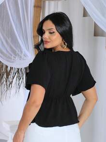 Blusa Feminina Preta com Babado e Decote em V - Preto - Visão 2