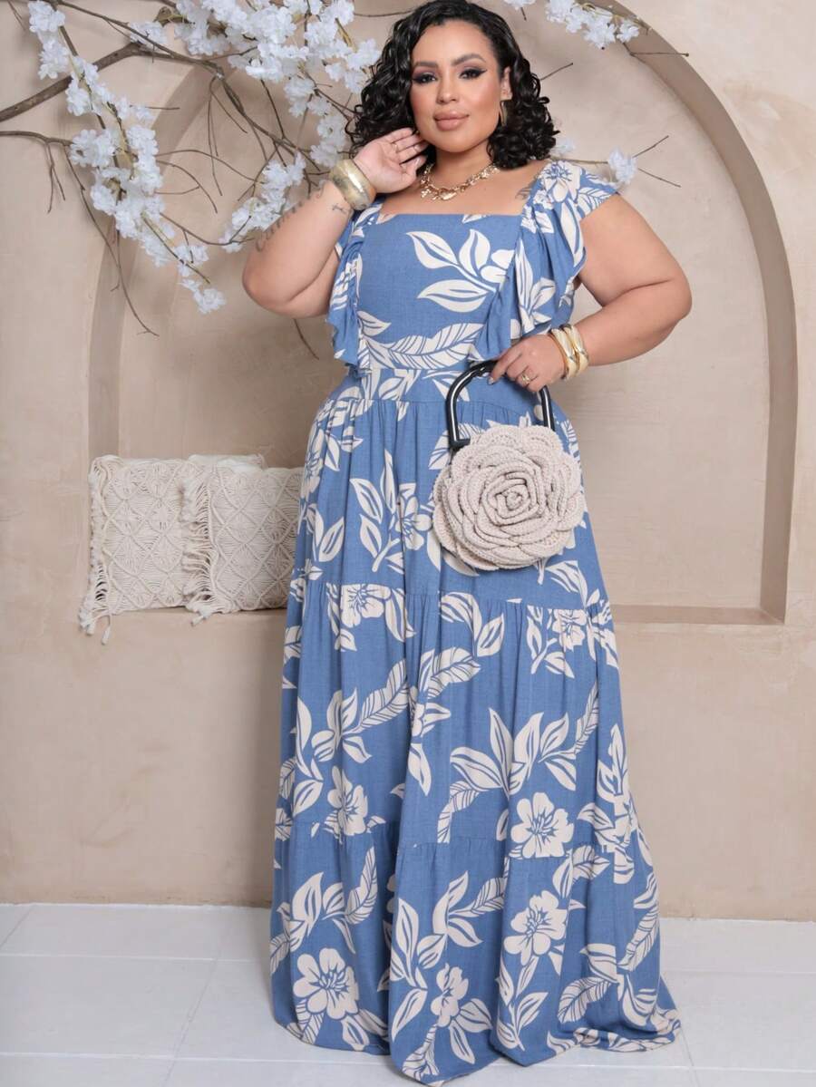 Plus Size Long Dress With Ruffle On The Shoulder - Azul Estam. - View 1