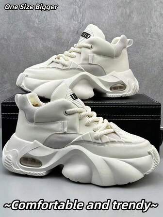 Plus Size High-Quality High-Heel White Boots For Men, Thick Sole Elevated Breathable Chunky Sneakers, Air Cushion Shock-Absorbing White High Heel Casual Shoes, Versatile High-Quality Air Cushion Sports Running Thick Sole Shoes, Suitable For (Tongue Logo Randomly Distributed)