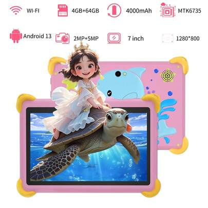 4GB RAM + 64GB ROM / 7 英寸平板电脑 / 四核 1.3GHz / Android 11 MTK6737 / 1280x800 HD IPS 显示屏 / 2MP+5MP 摄像头 / 4000mAh 电池 / WiFi、家长控制、教育、游戏 / ABS 塑料 + 硅胶、教育平板电脑（包含：包装盒、数据线、说明书、OTG、SIM 卡针）