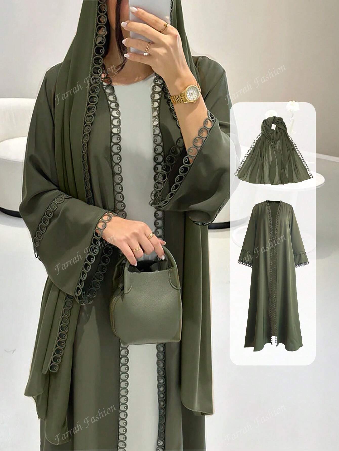 مجموعة عباية مفتوحة مع تطريز من الدانتيل ووشاح شيف...