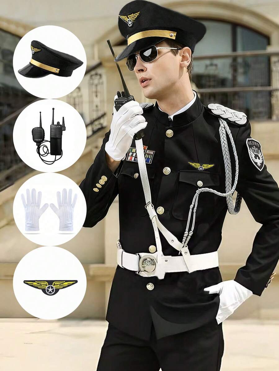 男士帽子套装，装扮帽，帽子，对讲机，徽章，服装，戏服，角色扮演道具，套装，派对，万圣节，节日服装，角色扮演 - 多色1 - 查看 1