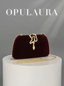 OpulAura 女士复古时尚天鹅绒手拿包，蛇扣设计，欧美风格，高端简约盒形手提包，适合婚礼、庆典、正式活动、派对、单肩包、高品质链条肩带 - 酒紅色 - 查看 2