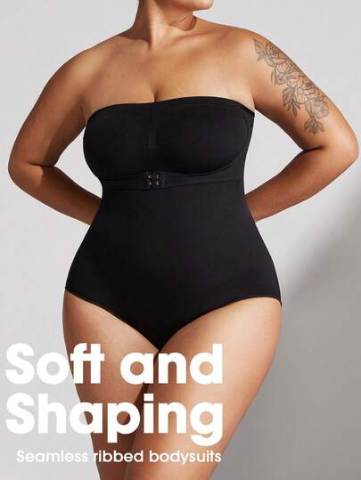 1pc Women Plus Size Strapless Seamless Shapewear Bodysuit, Bust Sculpting, Waist Cinching, Lift Buttocks, Black, Summer