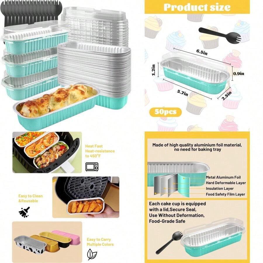 Tikxlafe Moldes pequeños rectangulares de 193 g con tapa 50 unidades charola pequeña para hornear desechable contenedor para cupcake pastel de queso pan brownie color azul - AZUL - Ver 1