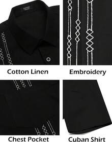 Mens Cuban Guayabera Shirt Short Sleeve Linen Button Down Shirts Casual Summer Beach Topshalloween - 卡其色 - 查看 5