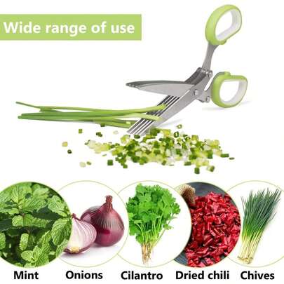 Chive Scissors 5-Blade Scissors Kitchen Multipurpose Scissors With 5 Stainless Steel Blades & Protective Cover & Cleaning Comb Coriander Scissors Sharp Chopping Scissors Herb Scissors Set (Green)
