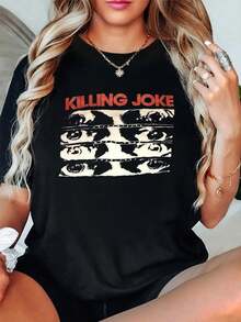 Camiseta de manga corta y cuello redondo con estampado de ojos de Killing Joke Band, 100 % algodón, para mujer, cómoda y suave, para vacaciones de verano. - Negro - Ver 1
