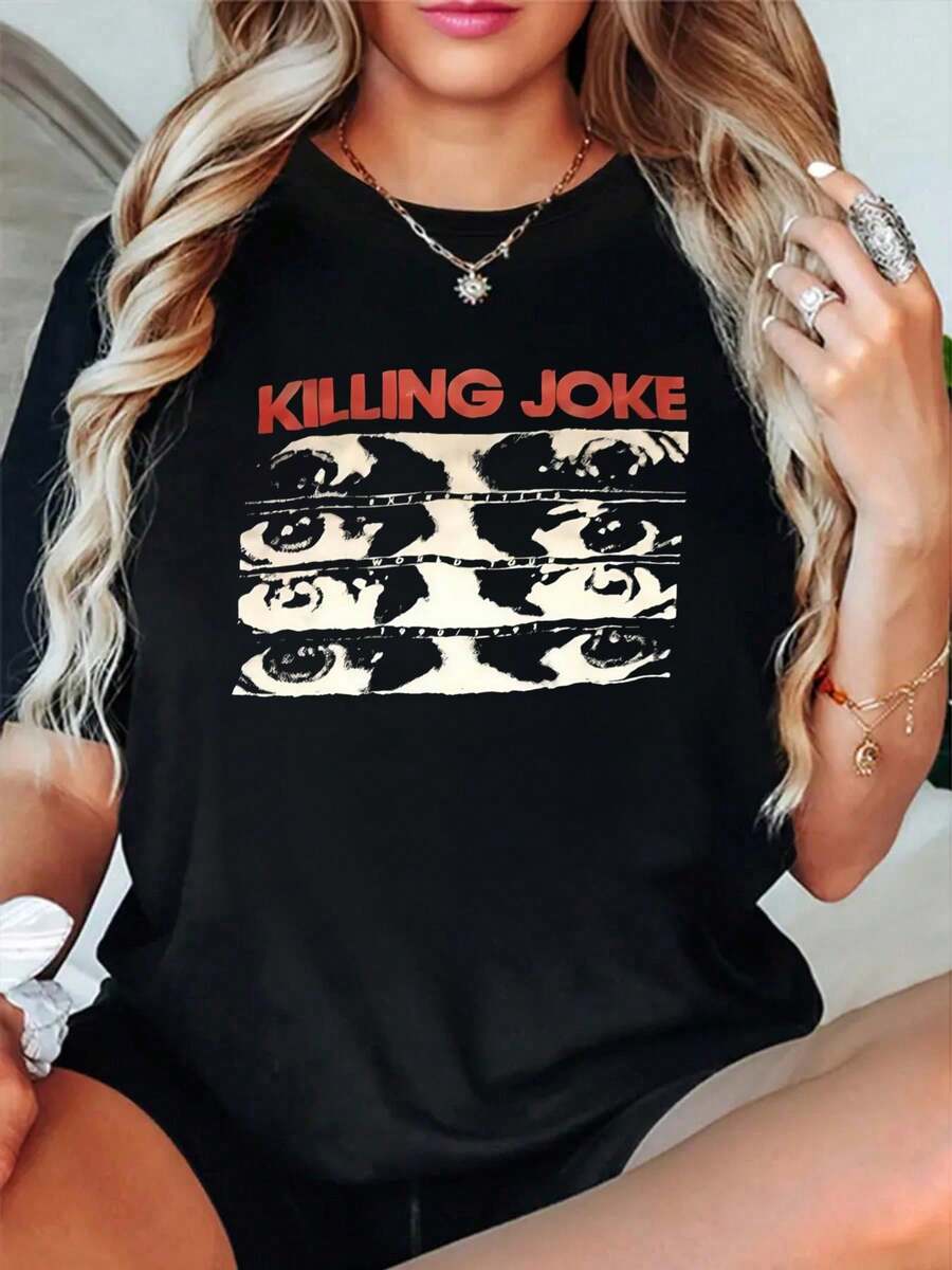 Camiseta de manga corta y cuello redondo con estampado de ojos de Killing Joke Band, 100 % algodón, para mujer, cómoda y suave, para vacaciones de verano. - Negro - Ver 1