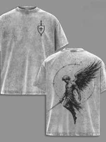 Men's Washed Cotton T-Shirt, Archangel St. Michael * Flaming Sword * Shield * Scales Of Justice - Archangel Michael T-Shirt, Washed Church-Style Outfit, Fitness & Sports Cover-Up, Christian Religious Apparel, Jesus-Themed Clothing, Casual Style Outfits - 灰色 - 查看 1