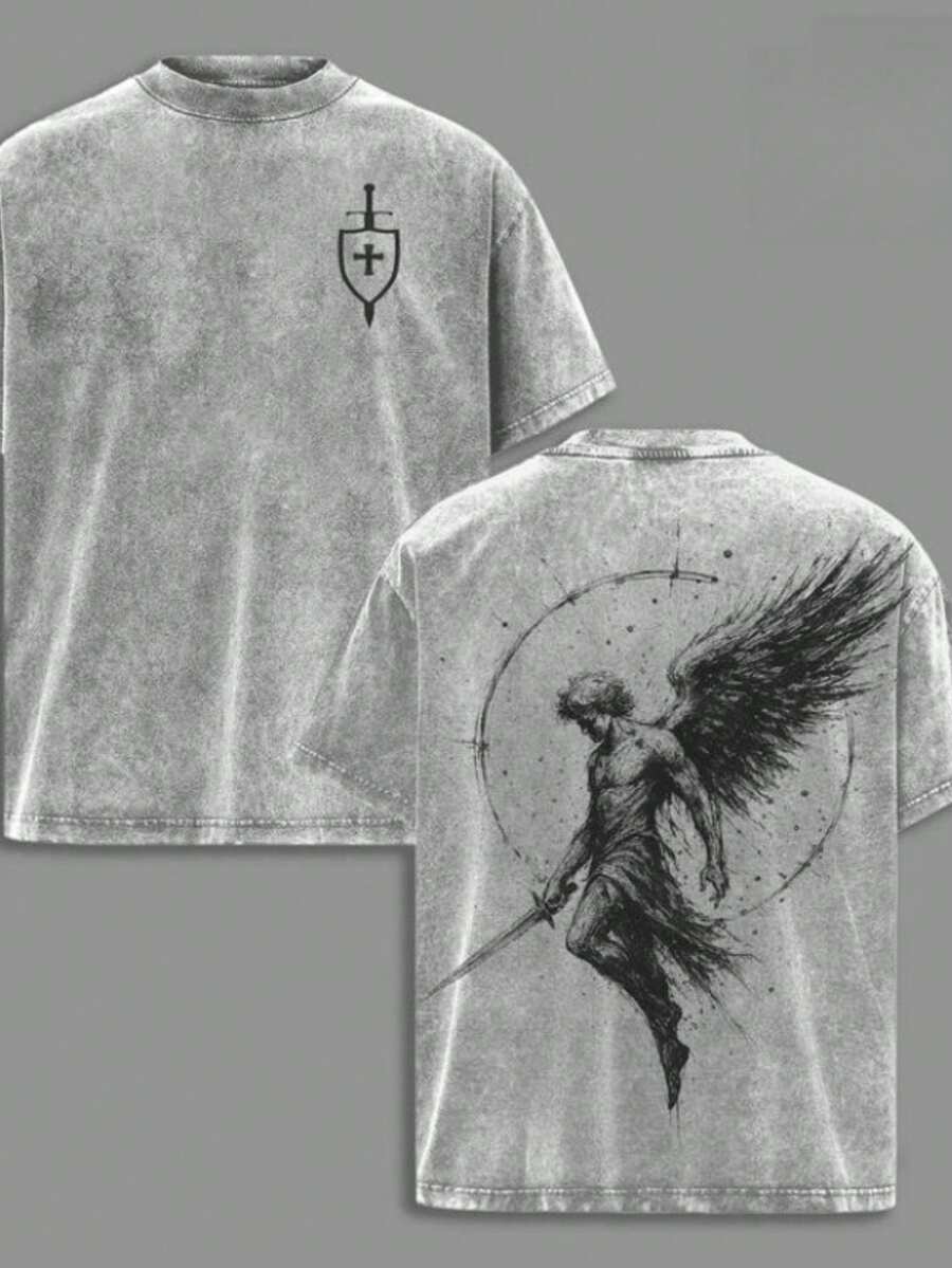 Men's Washed Cotton T-Shirt, Archangel St. Michael * Flaming Sword * Shield * Scales Of Justice - Archangel Michael T-Shirt, Washed Church-Style Outfit, Fitness & Sports Cover-Up, Christian Religious Apparel, Jesus-Themed Clothing, Casual Style Outfits - 灰色 - 查看 1