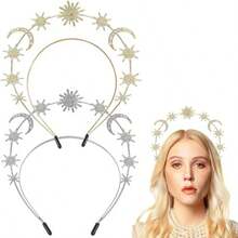 2 Pcs Crystal Halo Crown GoldandSliver Star Baroque Headband Goddess Headpiece Bridal Wedding Tiara And Crowns Hair Accessories For Women And Girls Gold And Sliver
