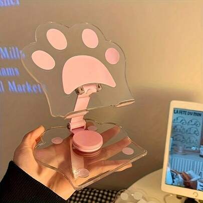 可爱猫爪亚克力平板电脑支架，360°旋转可调节便携可折叠桌面配件，通用平板电脑和智能手机支架，耐用透明亚克力材质，带防滑垫，趣味宠物主题设计，适合家庭办公室使用，轻巧节省空间，稳固防滑，适用于4-13英寸设备