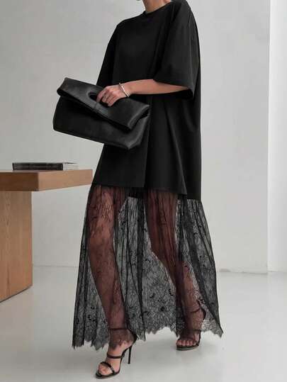 Women's Casual Lace Patchwork Short Sleeve T-Shirt, Solid Color Knit Fabric With Lace Trim, Suitable For Casual, Office, Date, Airport Outfit, Summer Black