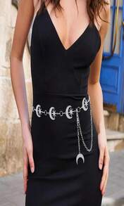 ELABEST Rhinestone Moon Chain Belt Sparkly Star Waist Chain Adjustable Body Jewley For Women Dress Belt Accessory - MàuG - Xem 4