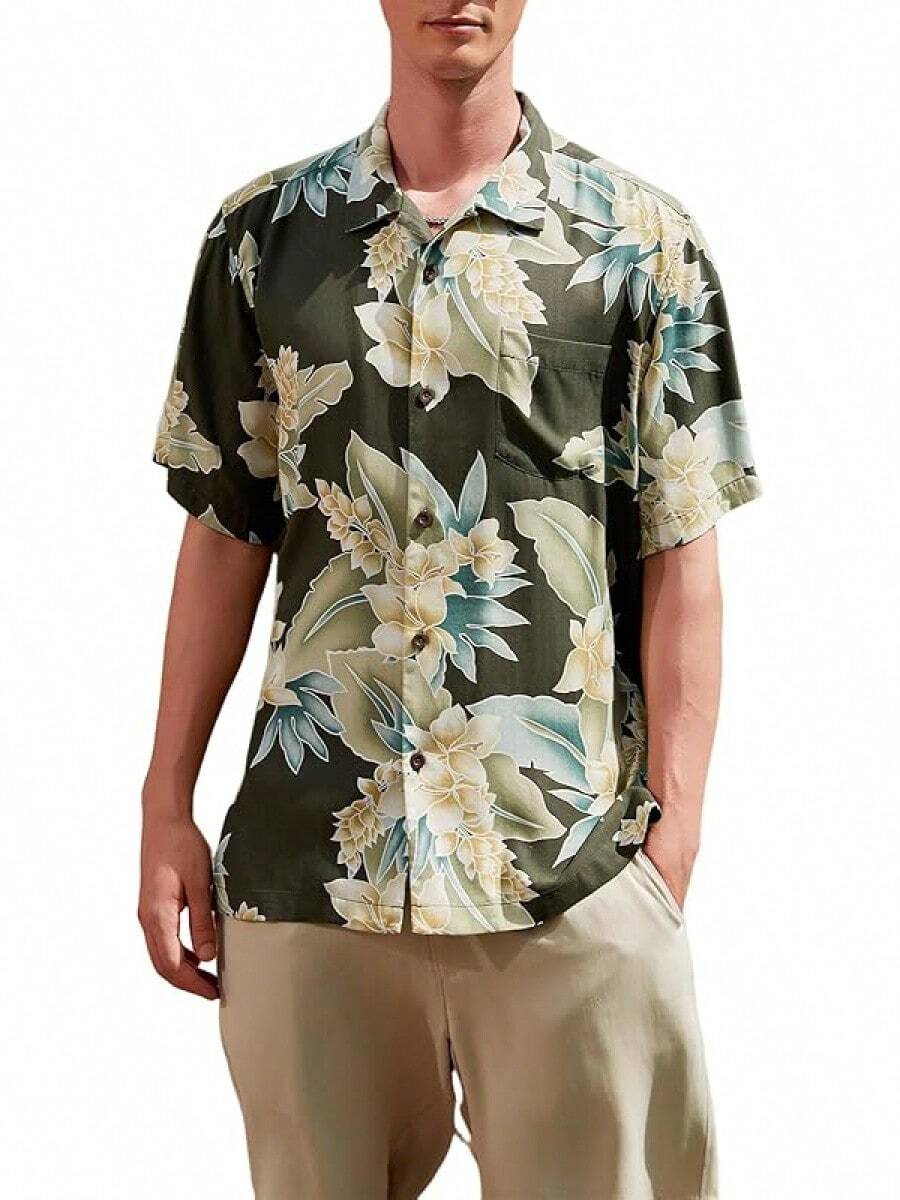 Men's Silk Hawaiian Floral Shirts Short Sleeve Button Down Casual Tropical Holiday Beach Shirtshalloween - 墨綠色 - 查看 1