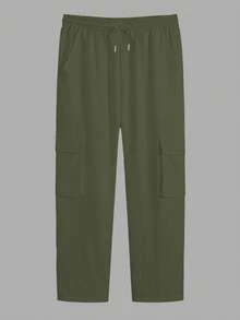 男士透气休闲纯色立领纽扣半襟长袖袖口设计宽松薄款衬衫，搭配纯色裤子，带装饰口袋的实用装，适合外出通勤，两件套 - 軍綠色 - 查看 4