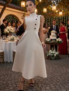 High Neck Midi Dress Flared Dress With Marked Waist Premium Tailoring Elegant With Front Buttons | Women's Fashion 2025 Evangelical Fashion | Sophisticated Look For Party, Work And Casual Chic - 杏色 - 查看 6