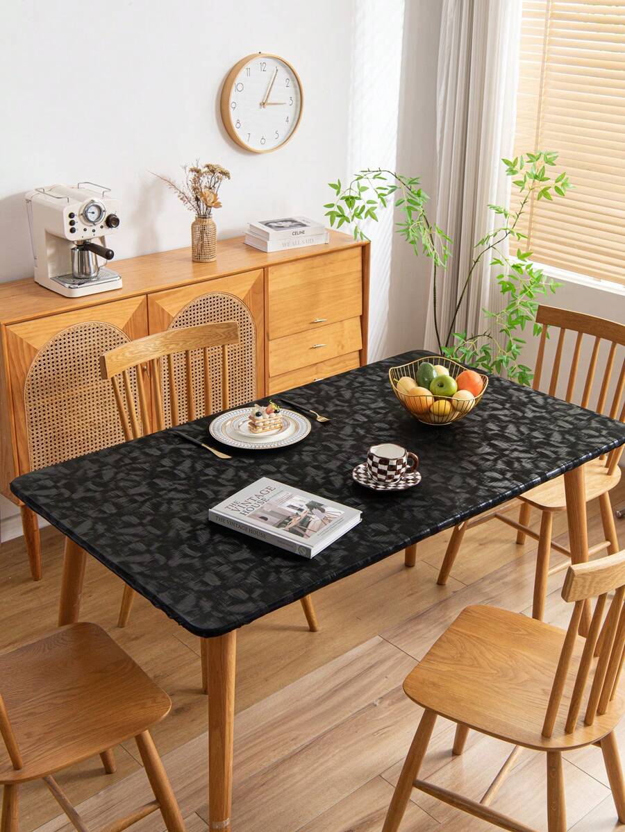 1pc Plain Minimalist Modern Oil-Proof Waterproof Washable Round Tablecloth, Luxury Dining Table Protective Mat - Black - View 1